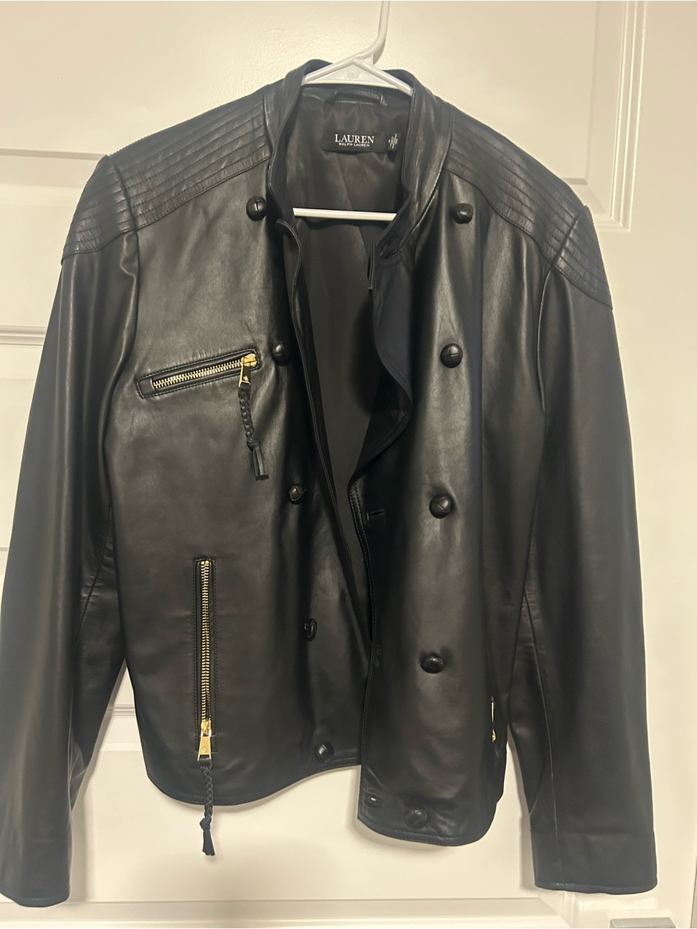 Lauren Ralph Lauren Black Leather Double-Breasted Moto Jacket with Gold Zippers
